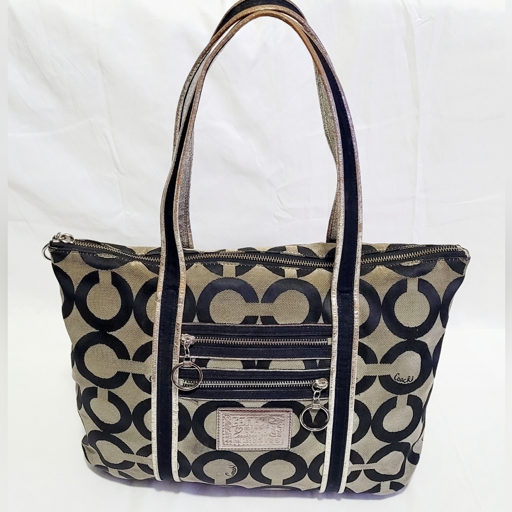 Coach Poppy Tote Op Art Glam Signature Logo Bag Purse Black Gray Silver 13826